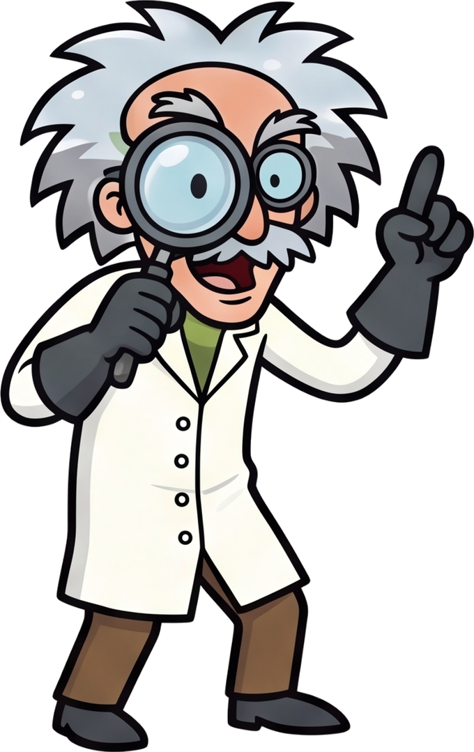 Professor Astro inspecting through a magnifying glass